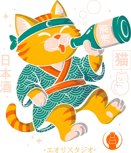 The Feline Toast - cat art, japanese cat, cute cat, sake cat, anime style, kawaii design, japanese culture, funny animal art, otaku fashion, feline humor
